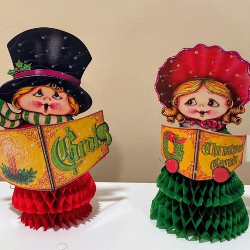 Vintage 1980 Beistle Christmas Caroler Honeycomb Centerpieces Set of 2